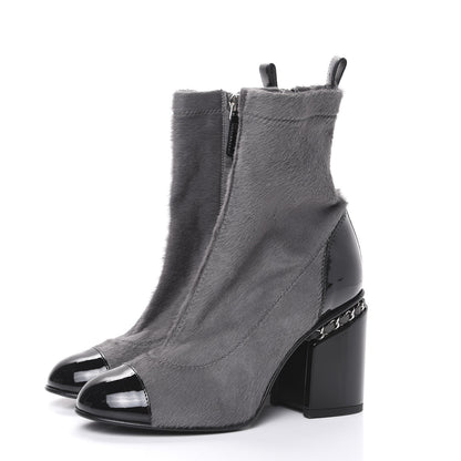 Chanel Pony Hair Patent Cap Toe Chain Short Boots 35.5 Grey Black 3 of 8