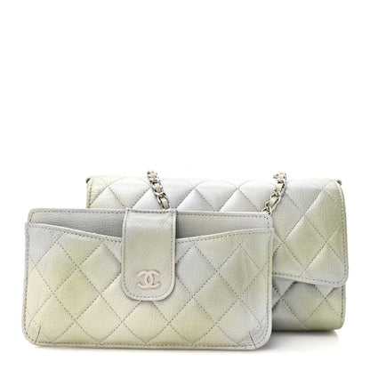 Chanel Metallic Goatskin Quilted Ombre Phone Holder Wallet on Removable Chain Grey Green 3 of 13