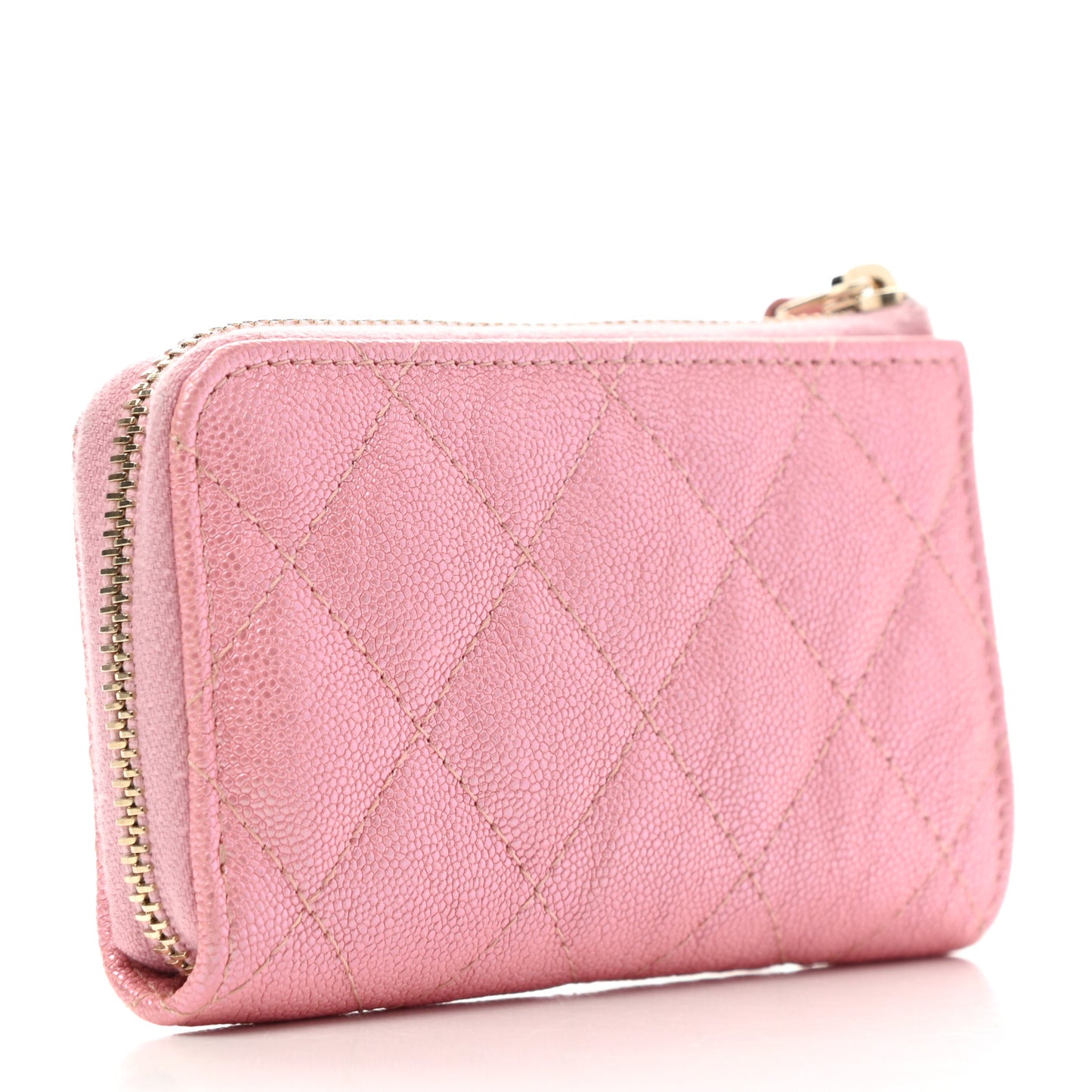 Iridescent Caviar Quilted Zipped Key Holder Case Rose Pink