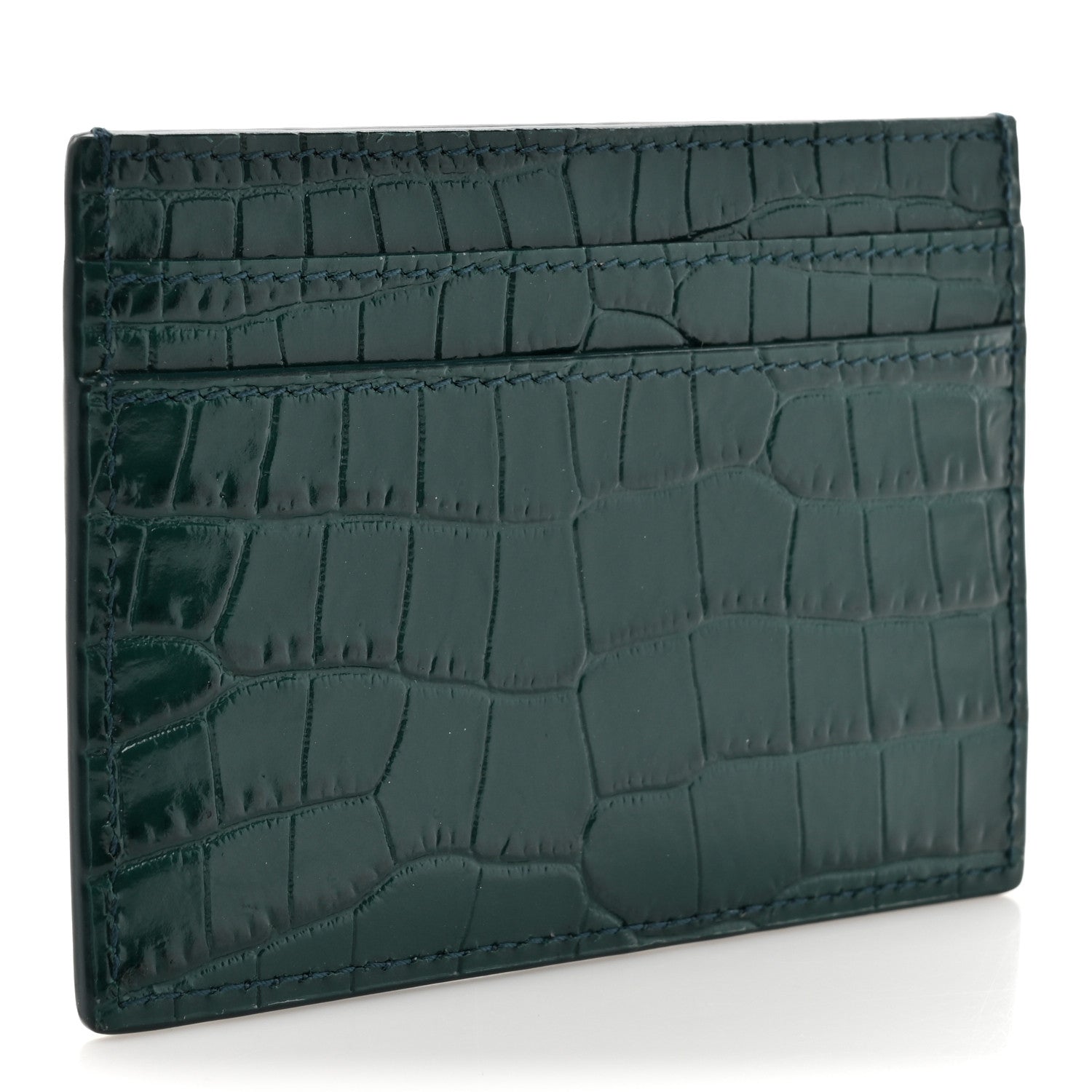 Saint Laurent Calfskin Crocodile Embossed Monogram Credit Card Case Foliage Green 3 of 8