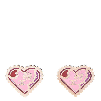 Chanel Enamel CC Heart Clip On Earrings Gold Pink 1 of 5