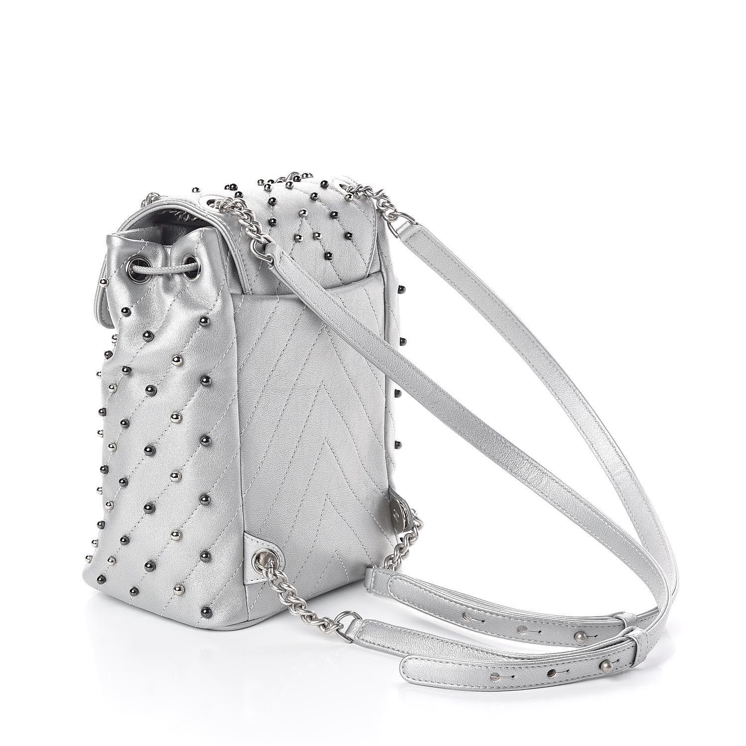 Chanel Metallic Lambskin Chevron Quilted Studded Stud Wars Backpack Silver 3 of 9