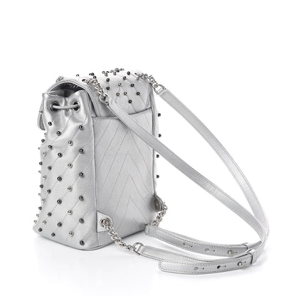 Chanel Metallic Lambskin Chevron Quilted Studded Stud Wars Backpack Silver 3 of 9