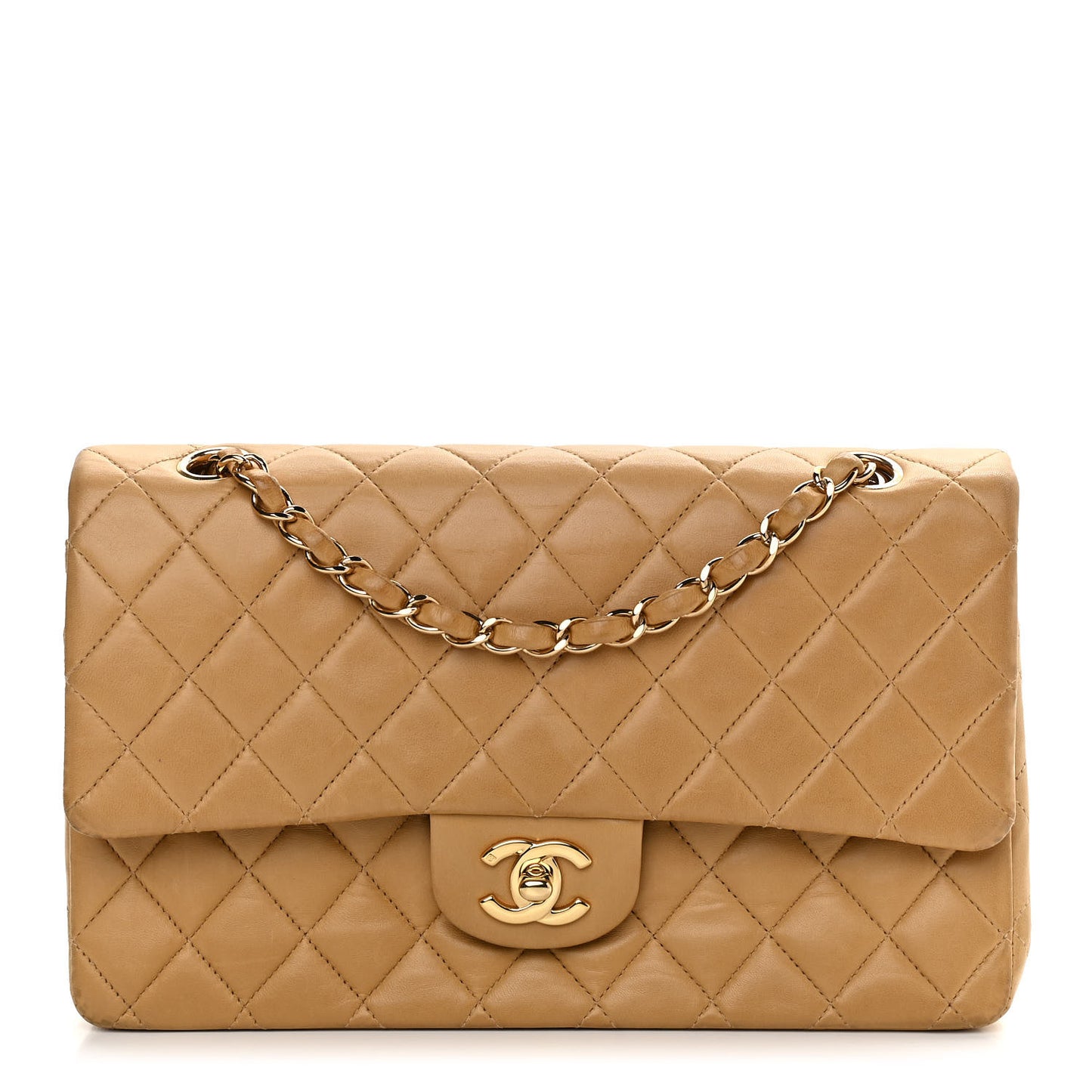 Lambskin Quilted Medium Double Flap Beige