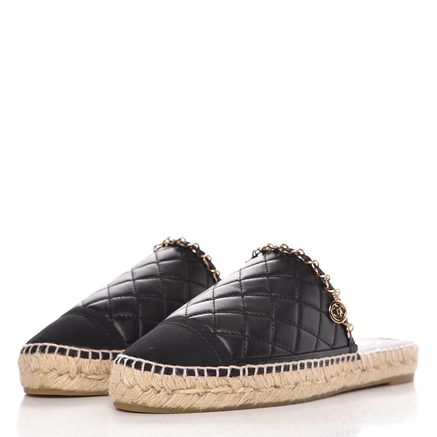 Chanel Lambskin Grosgrain Quilted CC Chain Espadrille Mules 39 Black 2 of 9