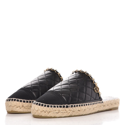 Chanel Lambskin Grosgrain Quilted CC Chain Espadrille Mules 39 Black 2 of 9