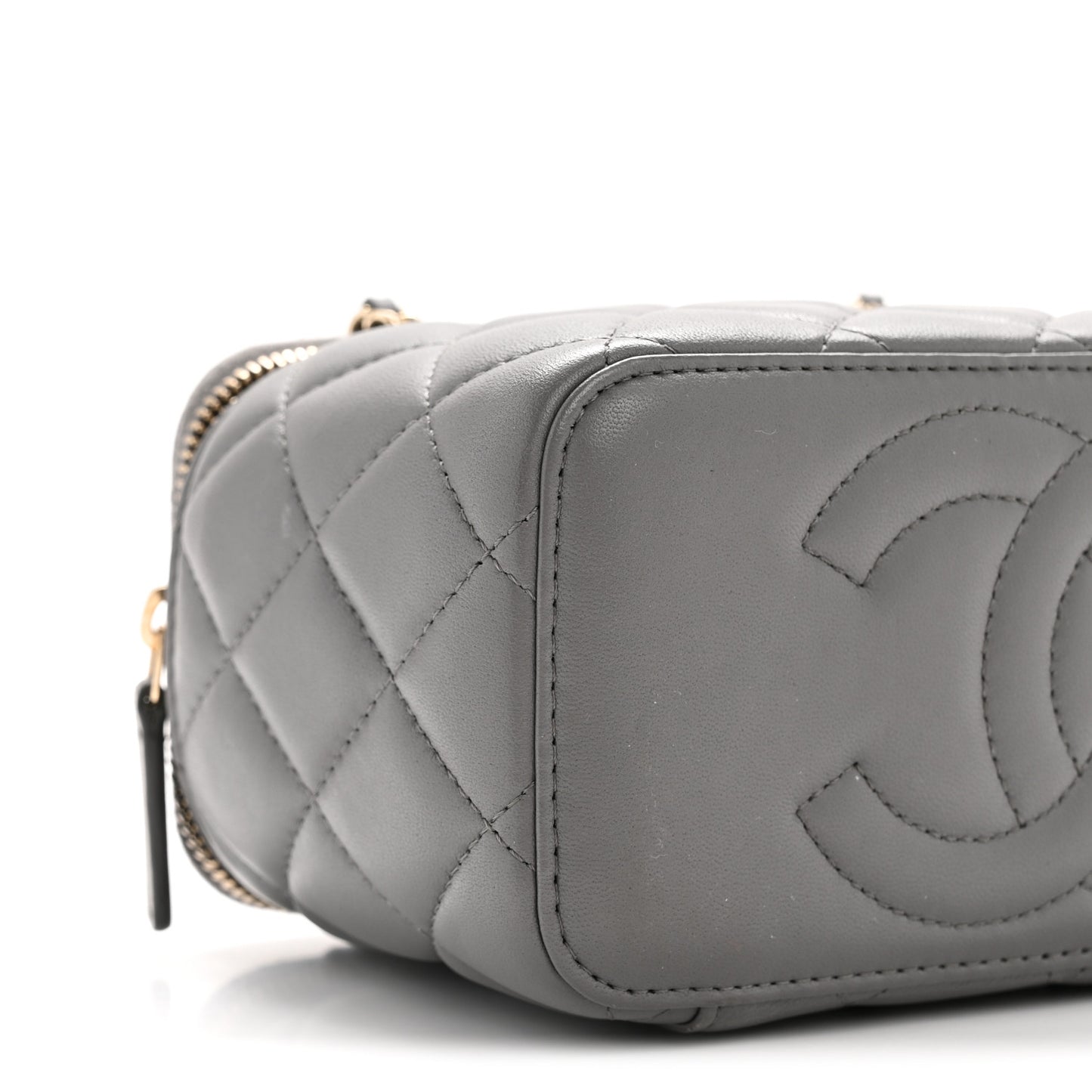 Lambskin Quilted Small Top Handle Vanity Case With Chain Dark Grey