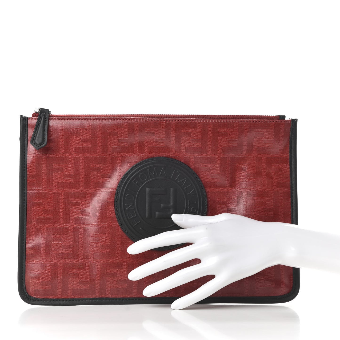 Glazed Fabric Vitello Century FF 1974 Stamp Patch Flat Pouch Rosso Black
