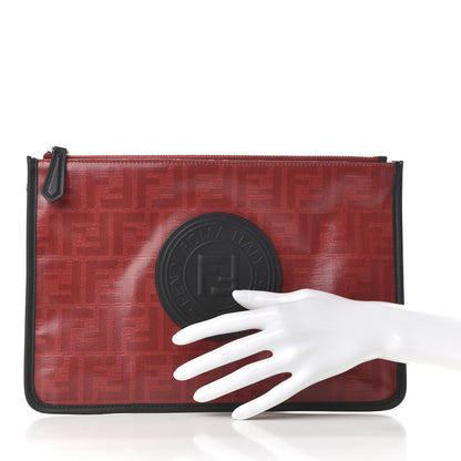 Fendi Glazed Fabric Vitello Century FF 1974 Stamp Patch Flat Pouch Rosso Black 2 of 7