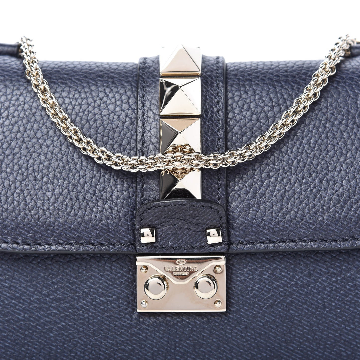 Pebbled Calfskin Small Glam Lock Rockstud Flap Deep Denim