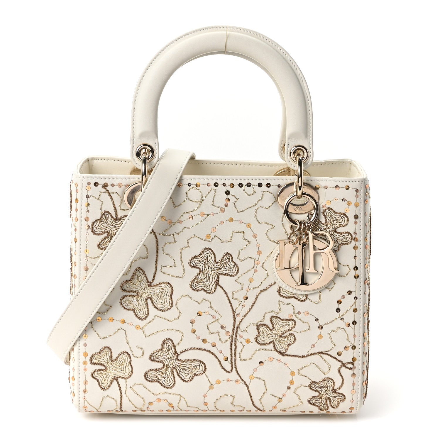 Christian Dior Smooth Calfskin Sequin Embroidered Clover Medium Lady Dior White 1 of 10