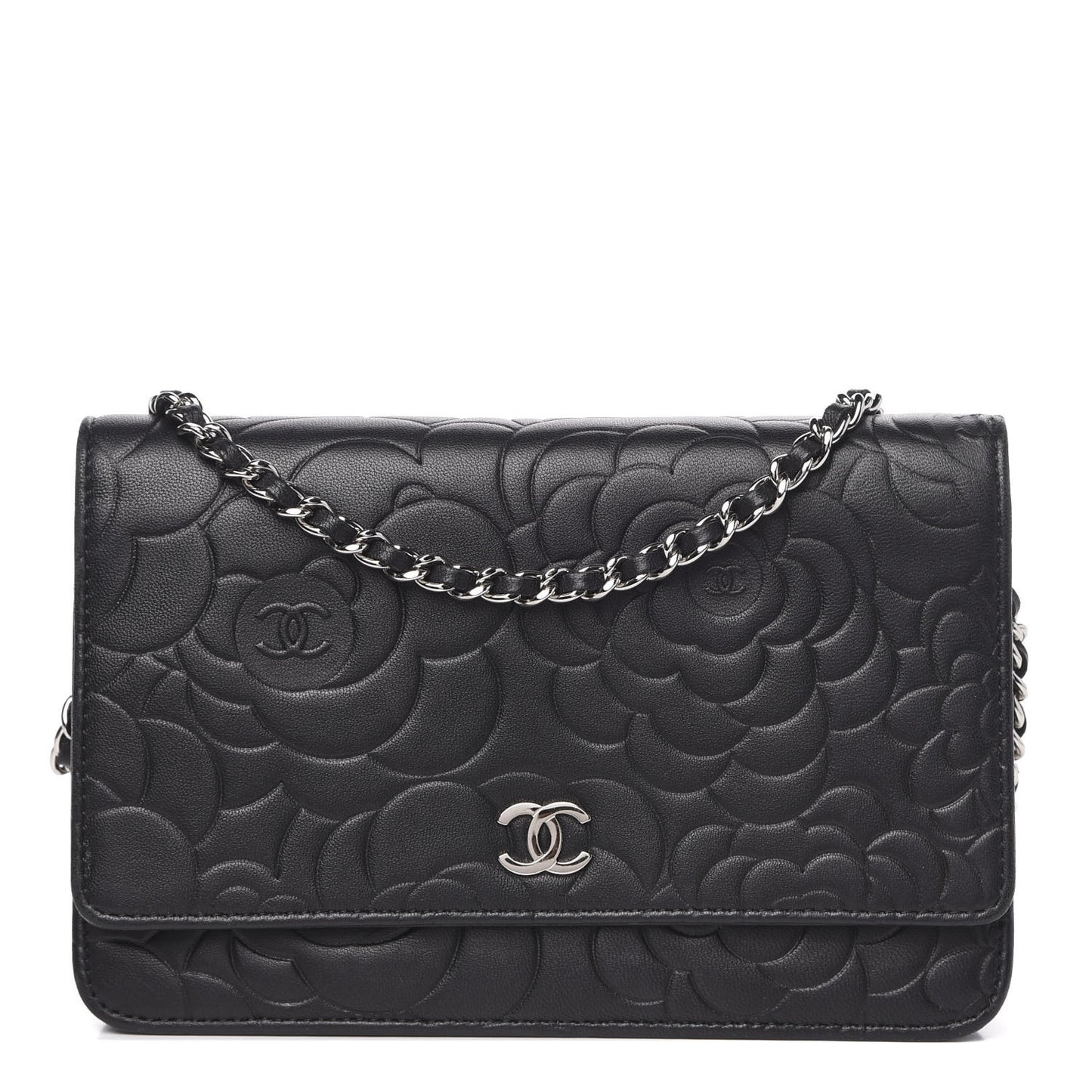 Lambskin Camellia Embossed Wallet on Chain WOC Black