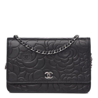 Chanel Lambskin Camellia Embossed Wallet on Chain WOC Black 1 of 12