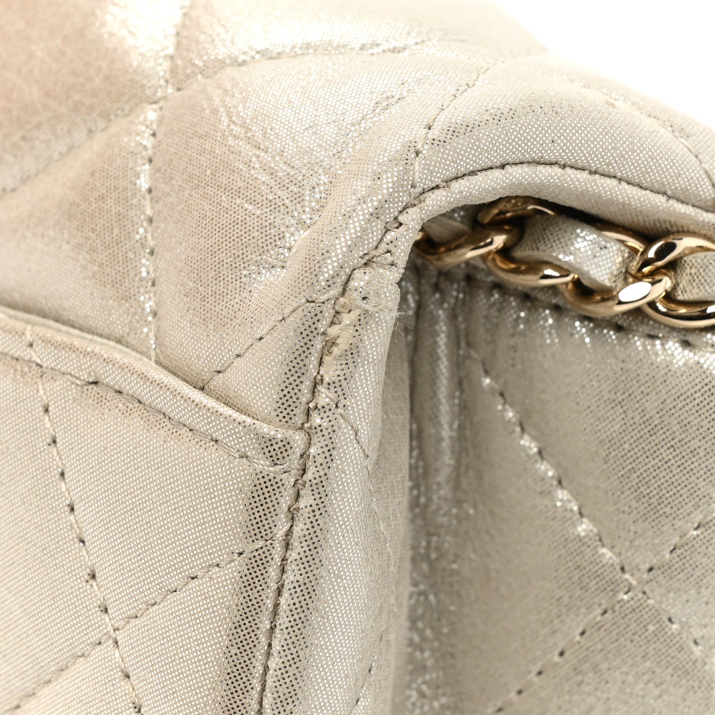 Iridescent Calfskin Quilted Clutch With Chain Flap Light Gold