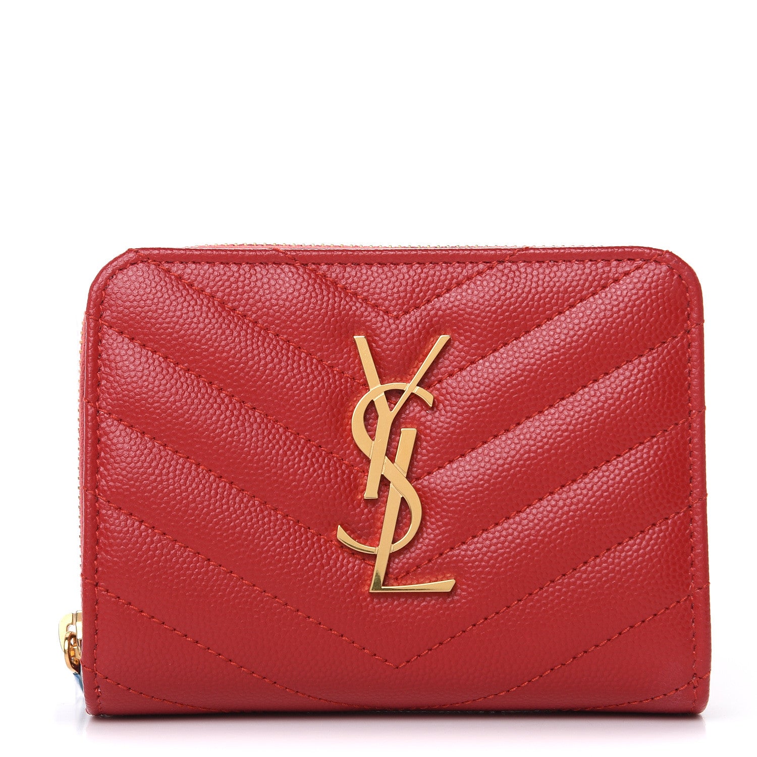 Saint Laurent Grain De Poudre Matelasse Chevron Monogram Compact Zip Around Wallet Red 1 of 9