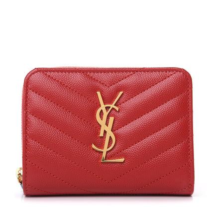 Saint Laurent Grain De Poudre Matelasse Chevron Monogram Compact Zip Around Wallet Red 1 of 9