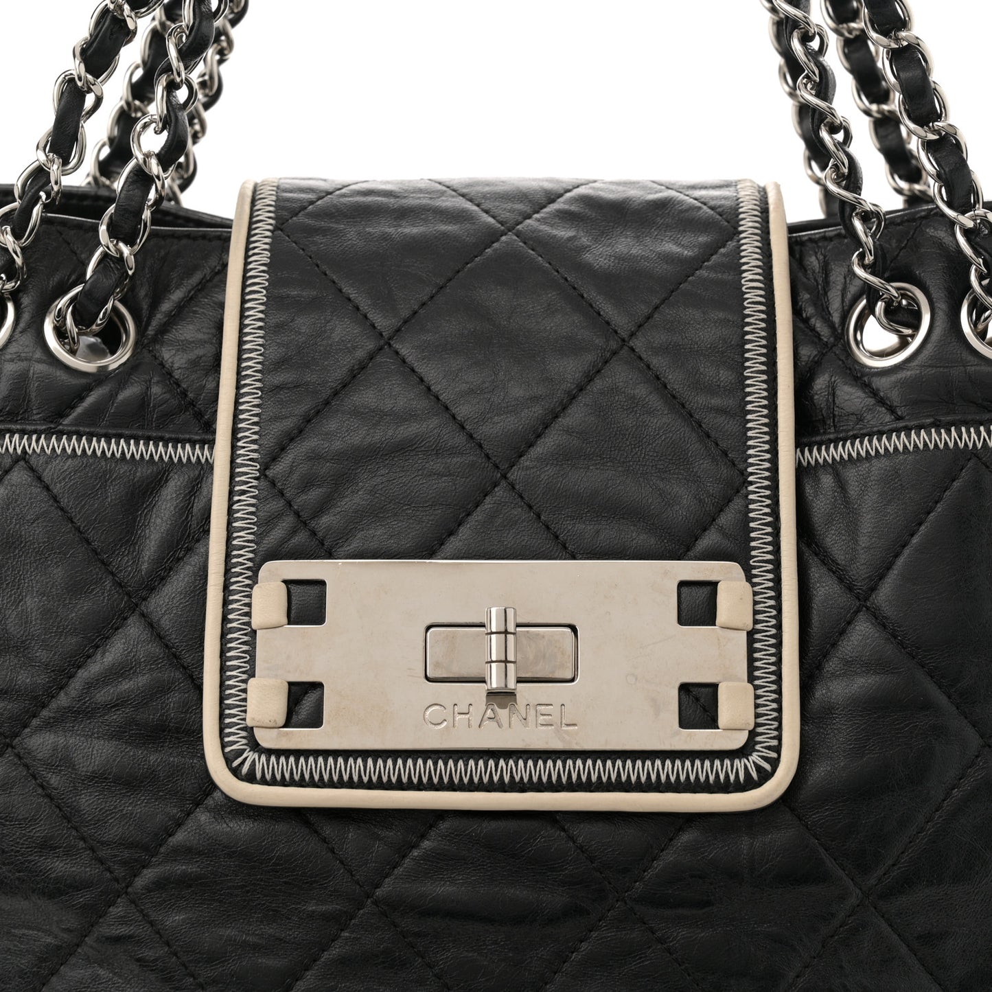 Glazed Lambskin Quilted Large North South Tote Black