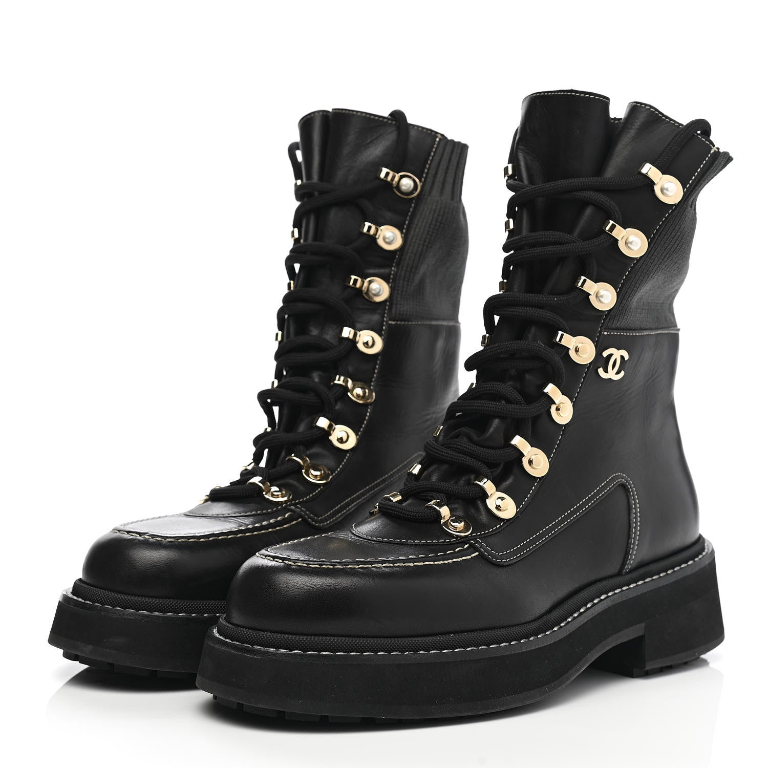 Chanel Calfskin Knit Lace Up Combat Boots 39 Black 3 of 9