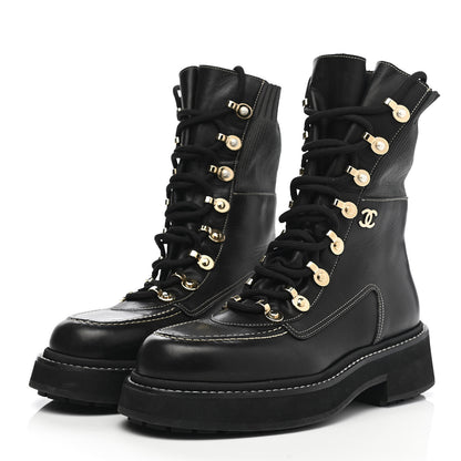 Chanel Calfskin Knit Lace Up Combat Boots 39 Black 3 of 9