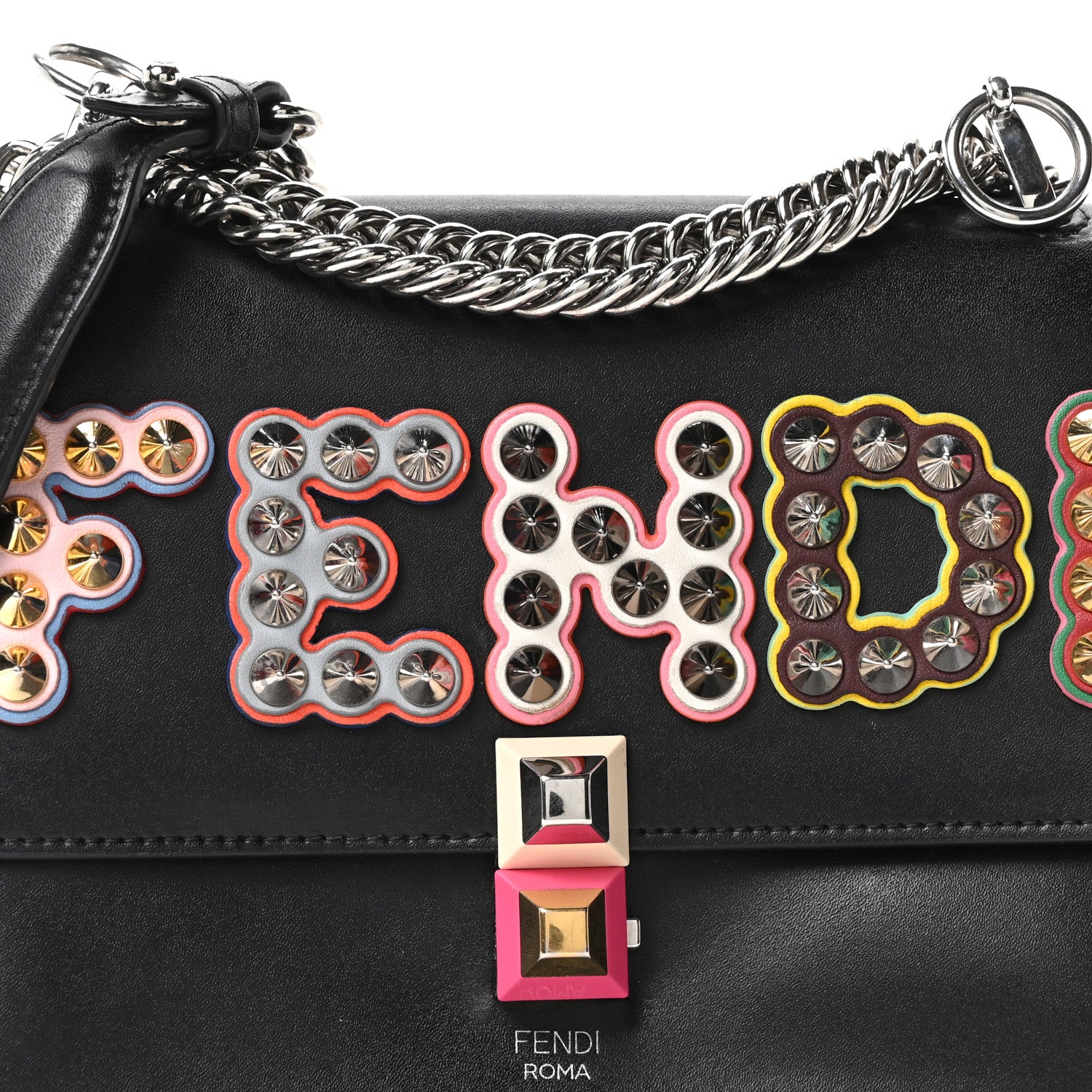 Fendi Vitello Liberty Fun Fair Metal Studded Small Kan I Shoulder Bag Black Multicolor 8 of 10