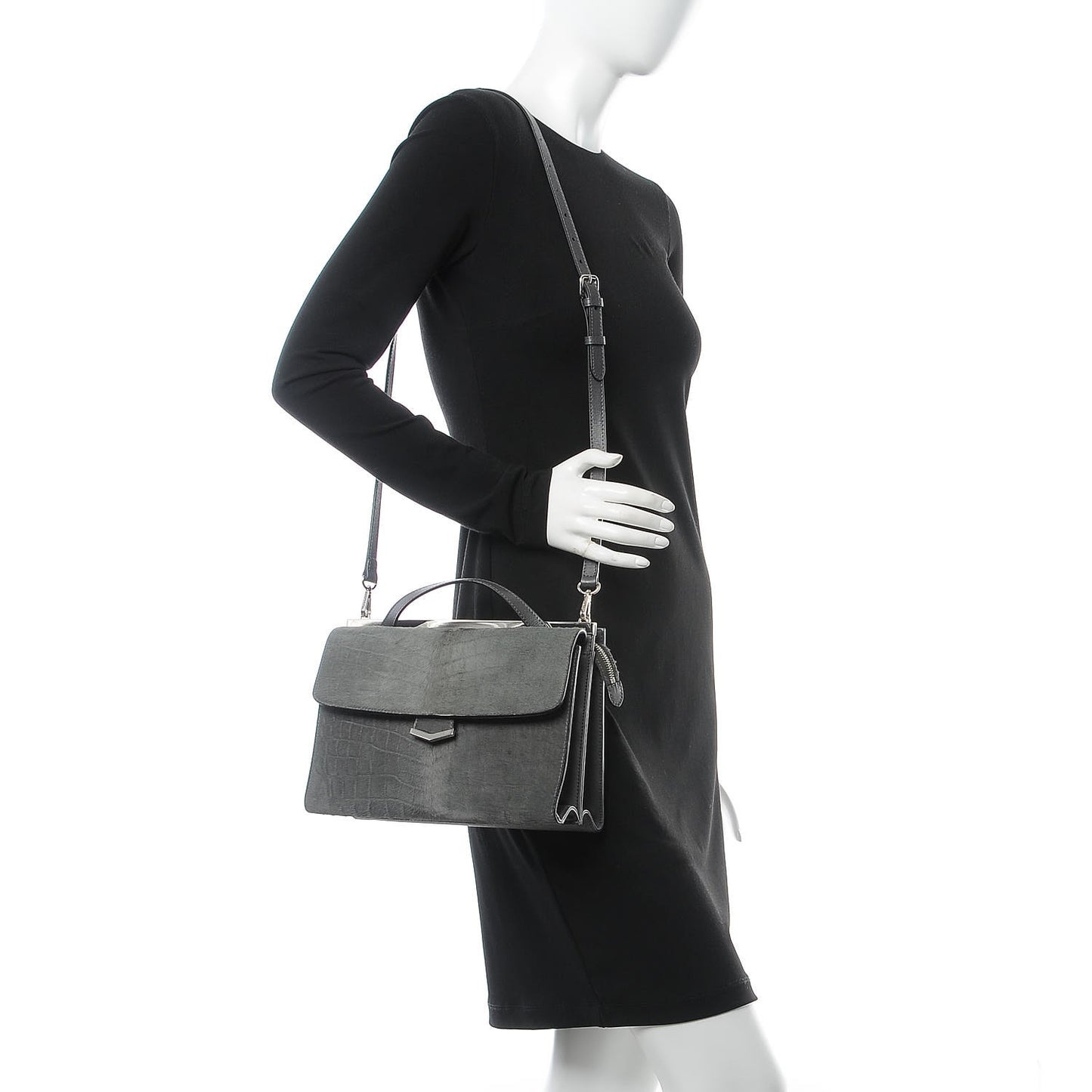 Calf Hair Crocodile Printed Demi Jour Shoulder Bag Grey