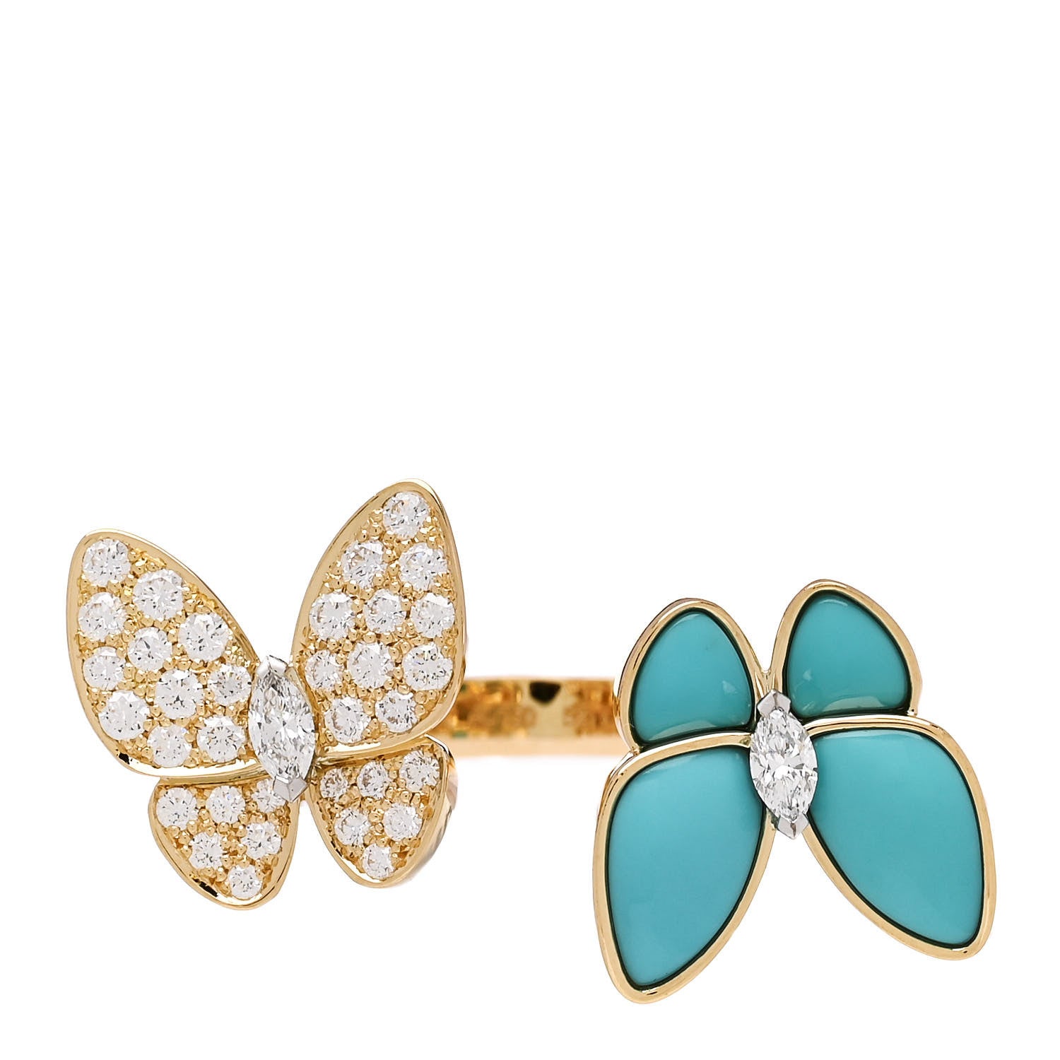 Van Cleef & Arpels 18K Yellow Gold Diamond Turquoise Two Butterfly Between The Finger Ring 52 6 1 of 5