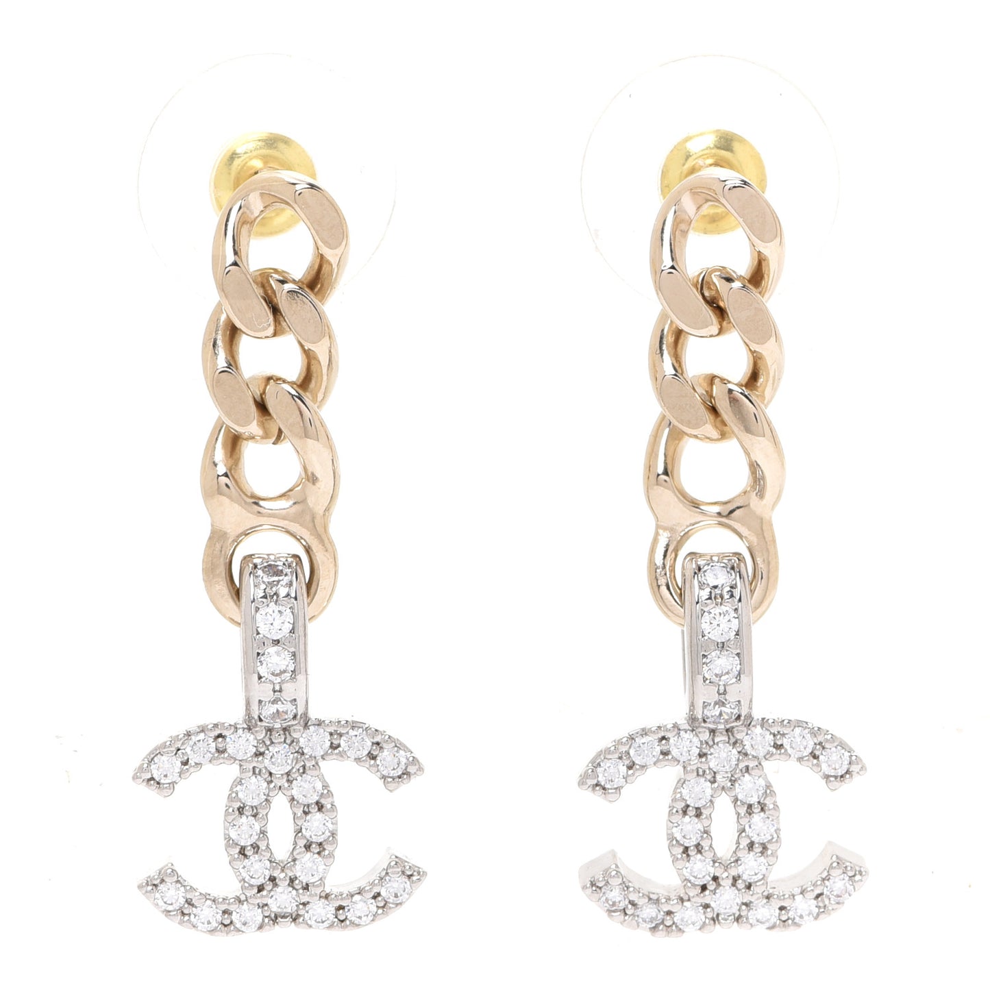 Metal Crystal CC Chain Drop Earrings Gold
