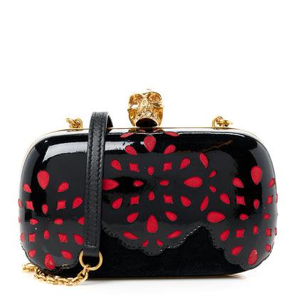 Alexander McQueen Patent Suede Skull Box Clutch Black Red 1 of 10