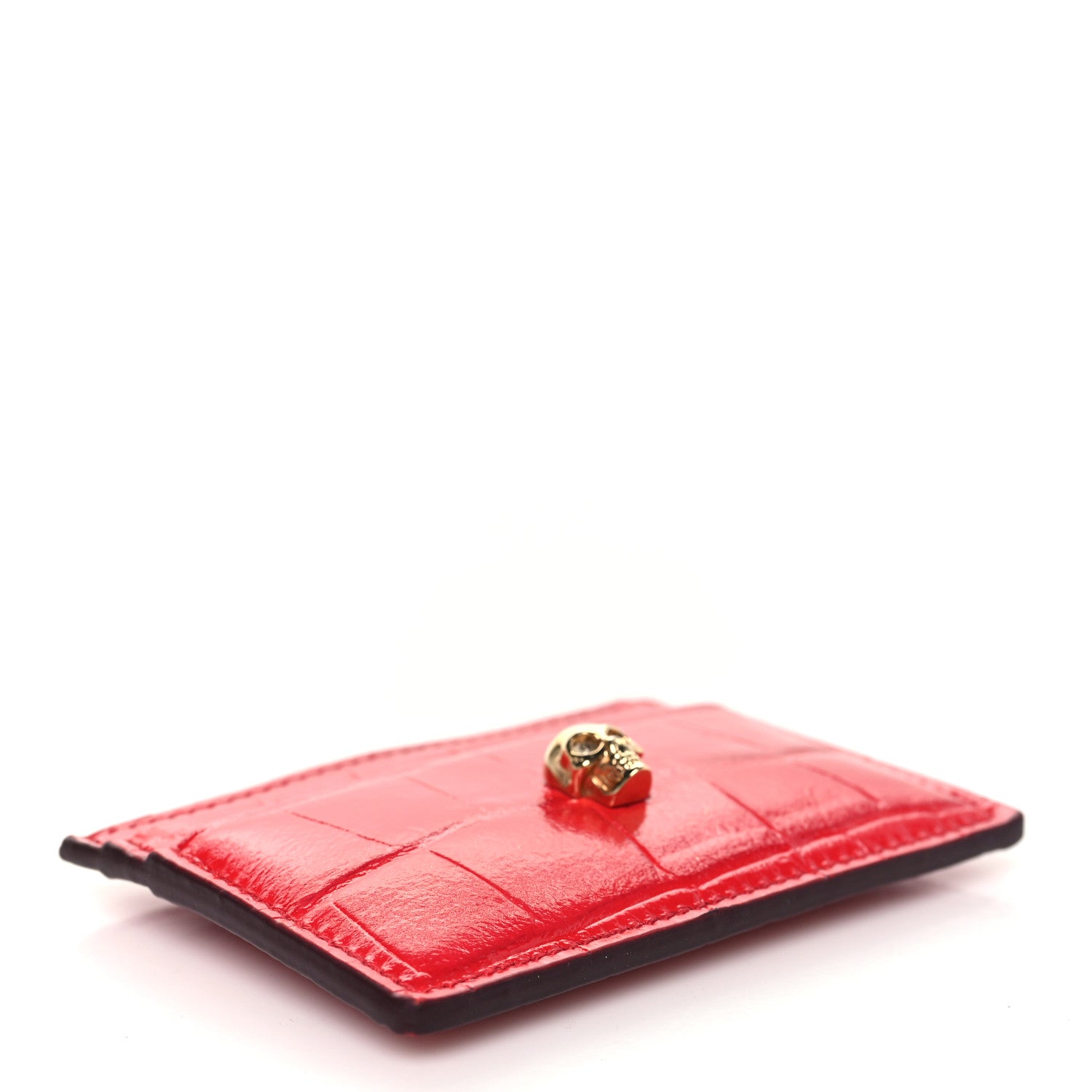 Alexander McQueen Calfskin Crocodile Embossed Skull Card Holder Scarlet Red 4 of 9