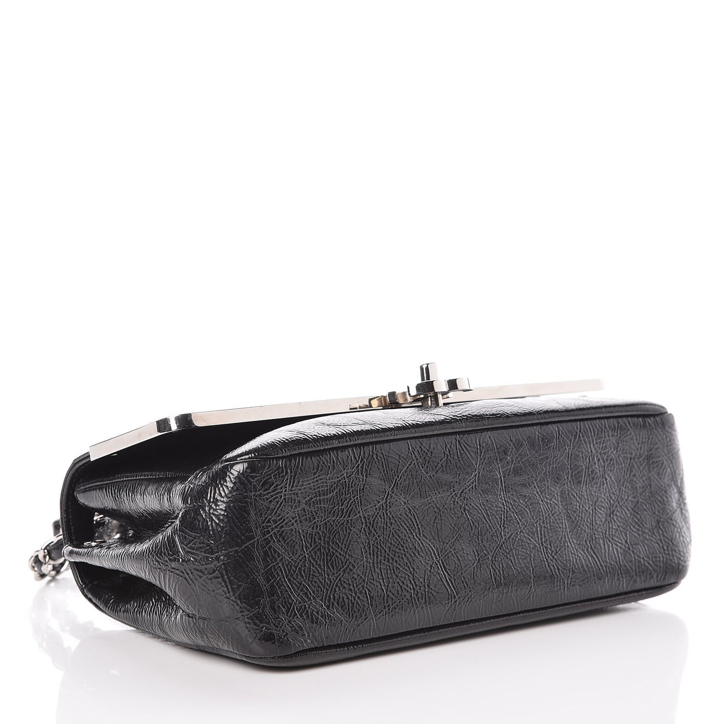 Distressed Patent Calfskin Small Frame Single Flap Black