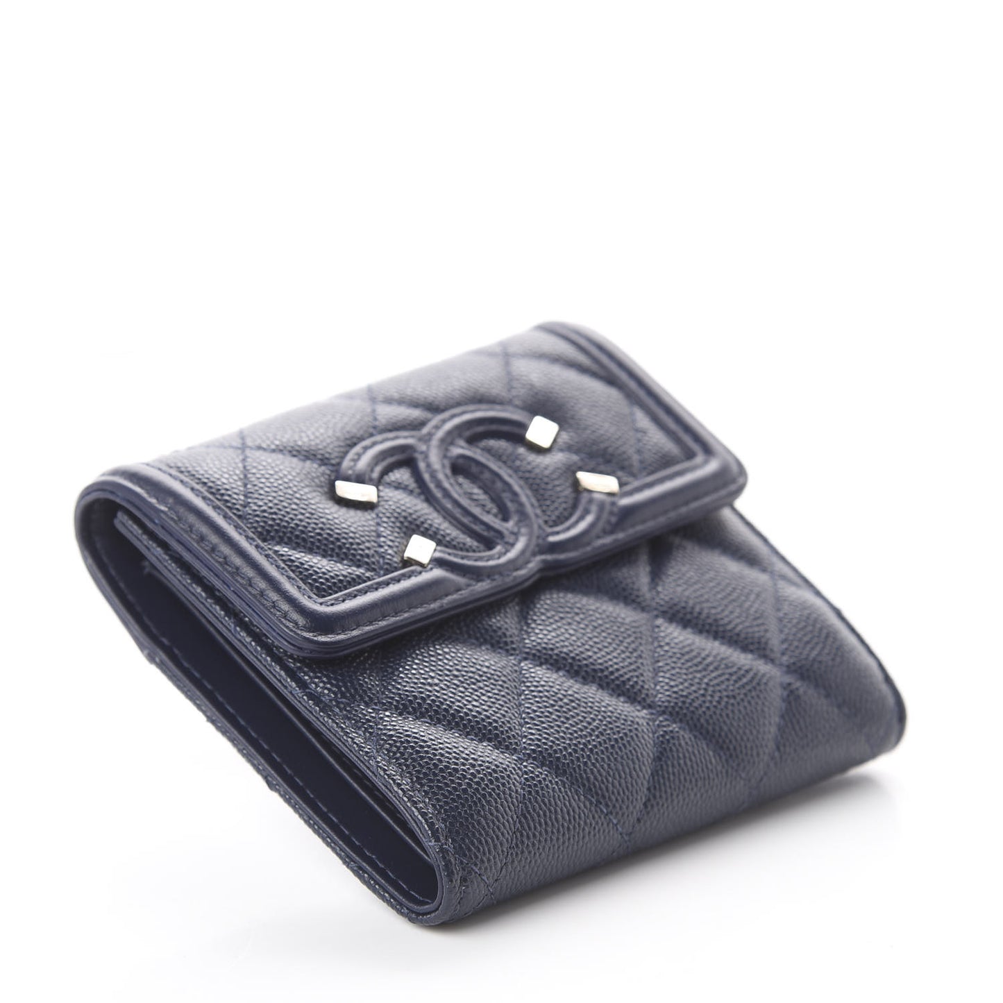 Caviar Quilted Filigree Compact Wallet Navy
