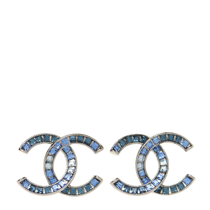 Chanel Baguette Crystal CC Earrings Silver Blue 1 of 5