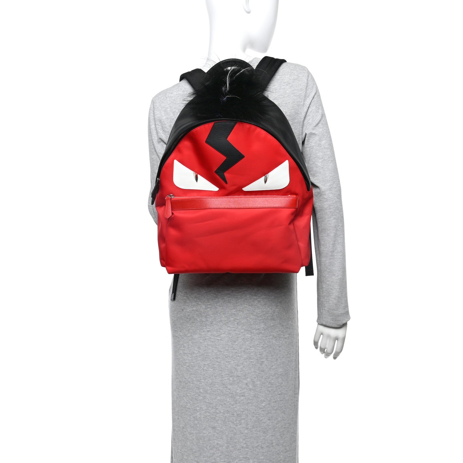 Fendi Nylon Vitello Elite Flamingo Fox Goat Fur Lightning Monster Eyes Backpack Rosso Black 2 of 11