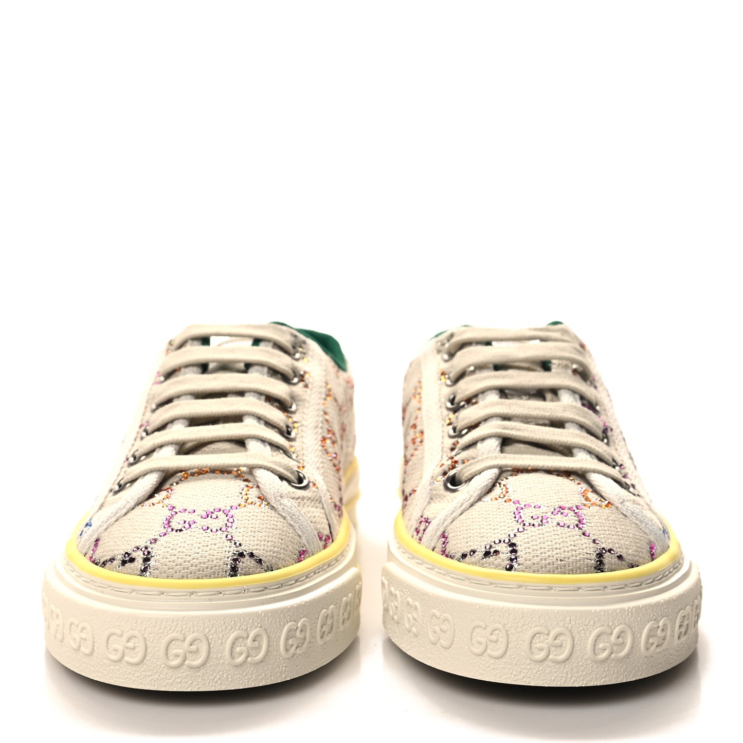 Canvas Lame Crystal GG Monogram Womens 1977 Tennis Sneakers 35.5 Gardenia Silver Mystic White