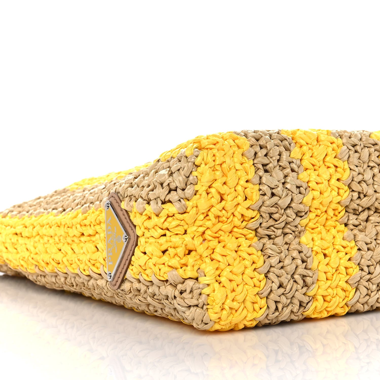 Prada Yarn Raffia Effect Crochet Striped Small Logo Tote Naturale Giallo 6 of 7