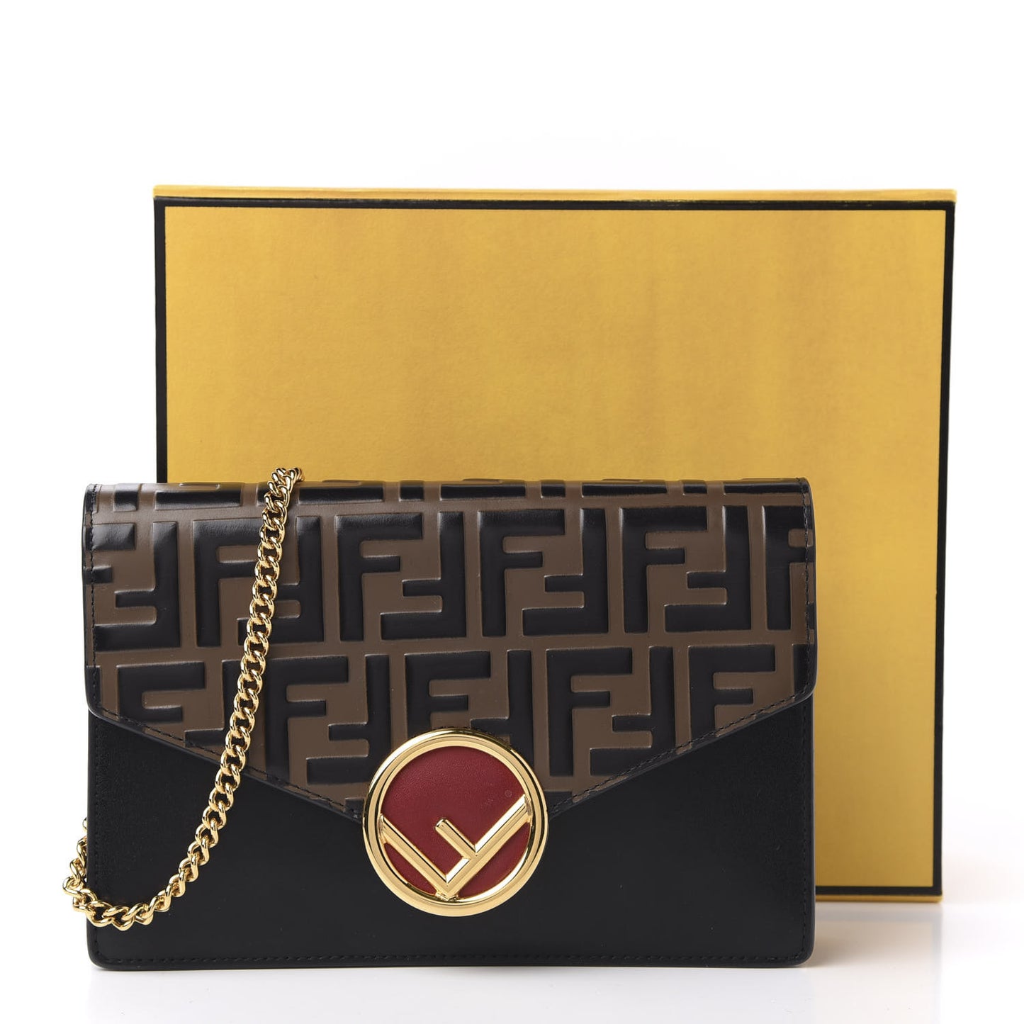 Vitello Liberty F is Fendi Bi-Color FF 1974 Embossed Medium Envelope Wallet On Chain Black Maya