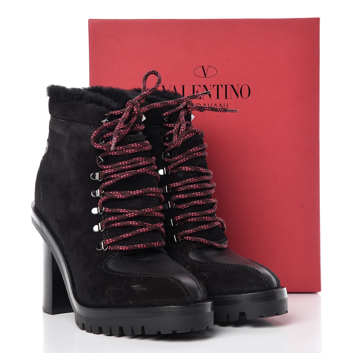Valentino Garavani Suede Shearling Rockstud Lace-Up Ankle Boots 39.5 Black 17 of 17