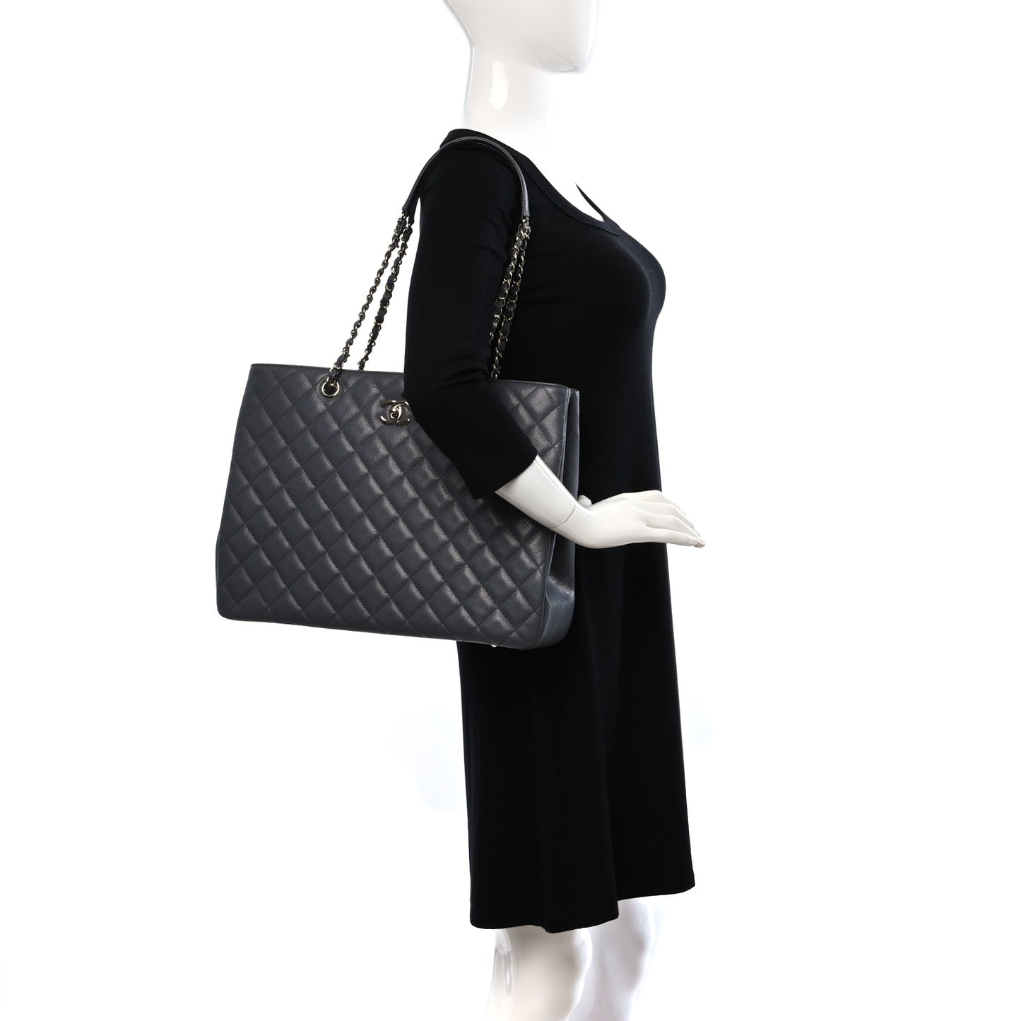 Caviar Quilted Large CC Shopping Tote Dark Grey