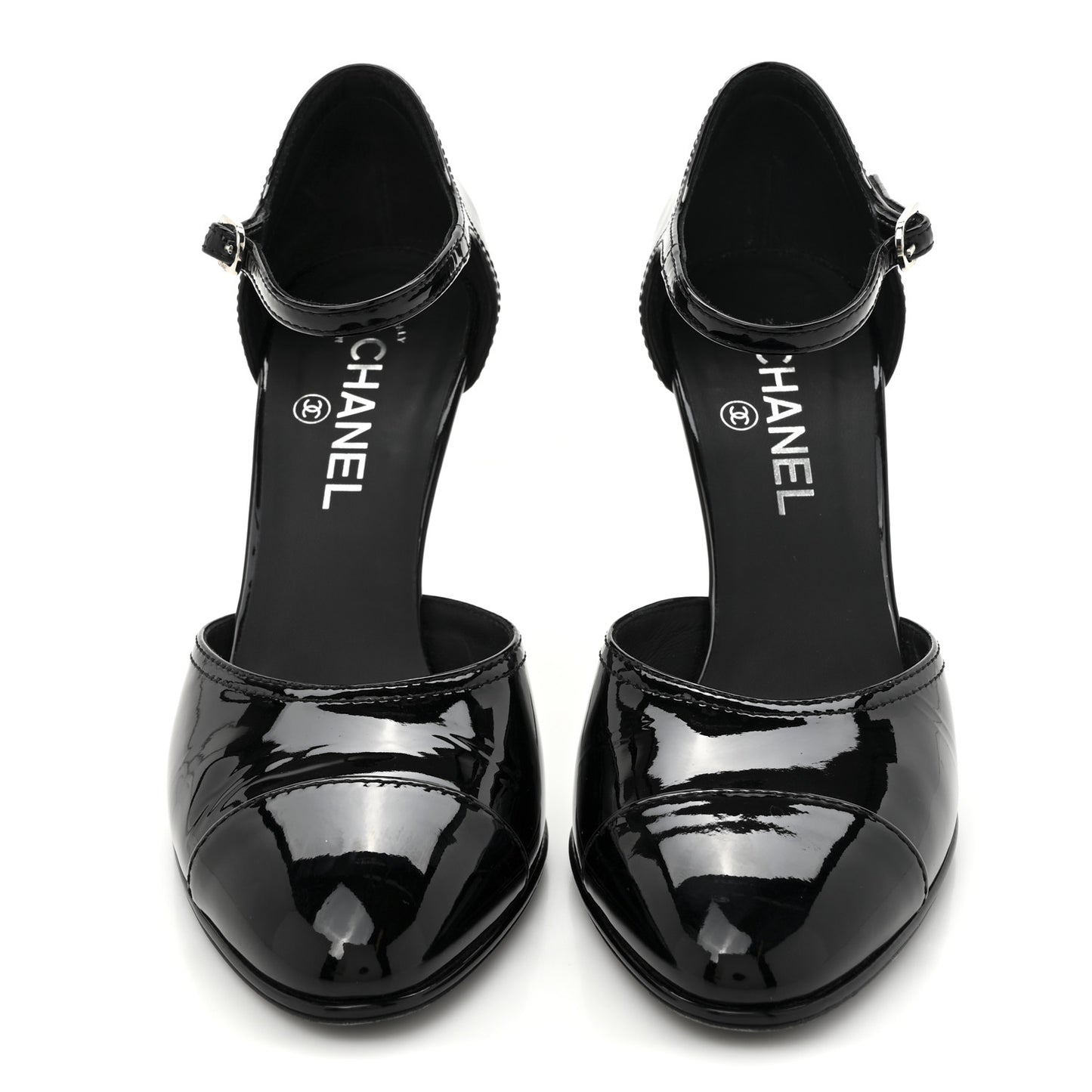 Patent Cap Toe CC Wedge Ankle Strap Pumps 39.5 Black White