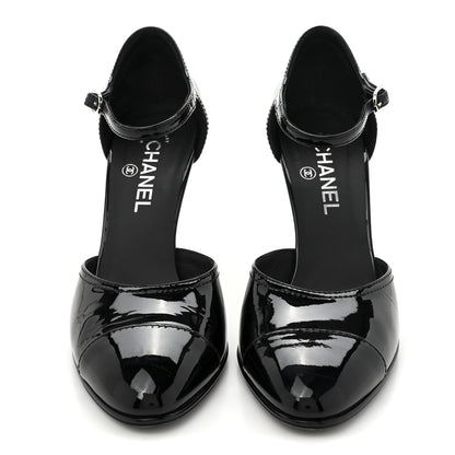 Chanel Patent Cap Toe CC Wedge Ankle Strap Pumps 39.5 Black White 3 of 11