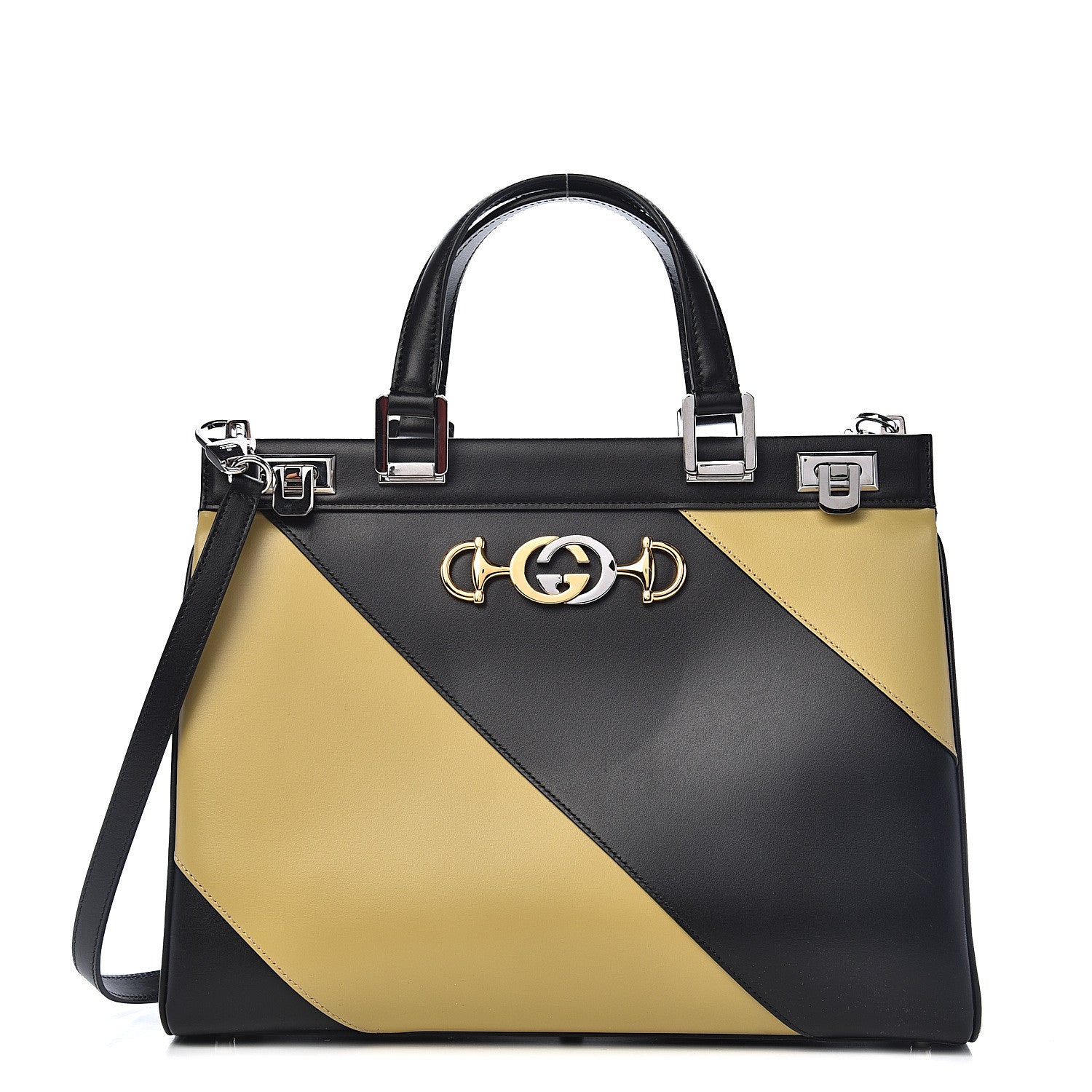 Gucci Smooth Calfskin Diagonal Striped Medium Zumi Top Handle Bag Black Beige 1 of 10