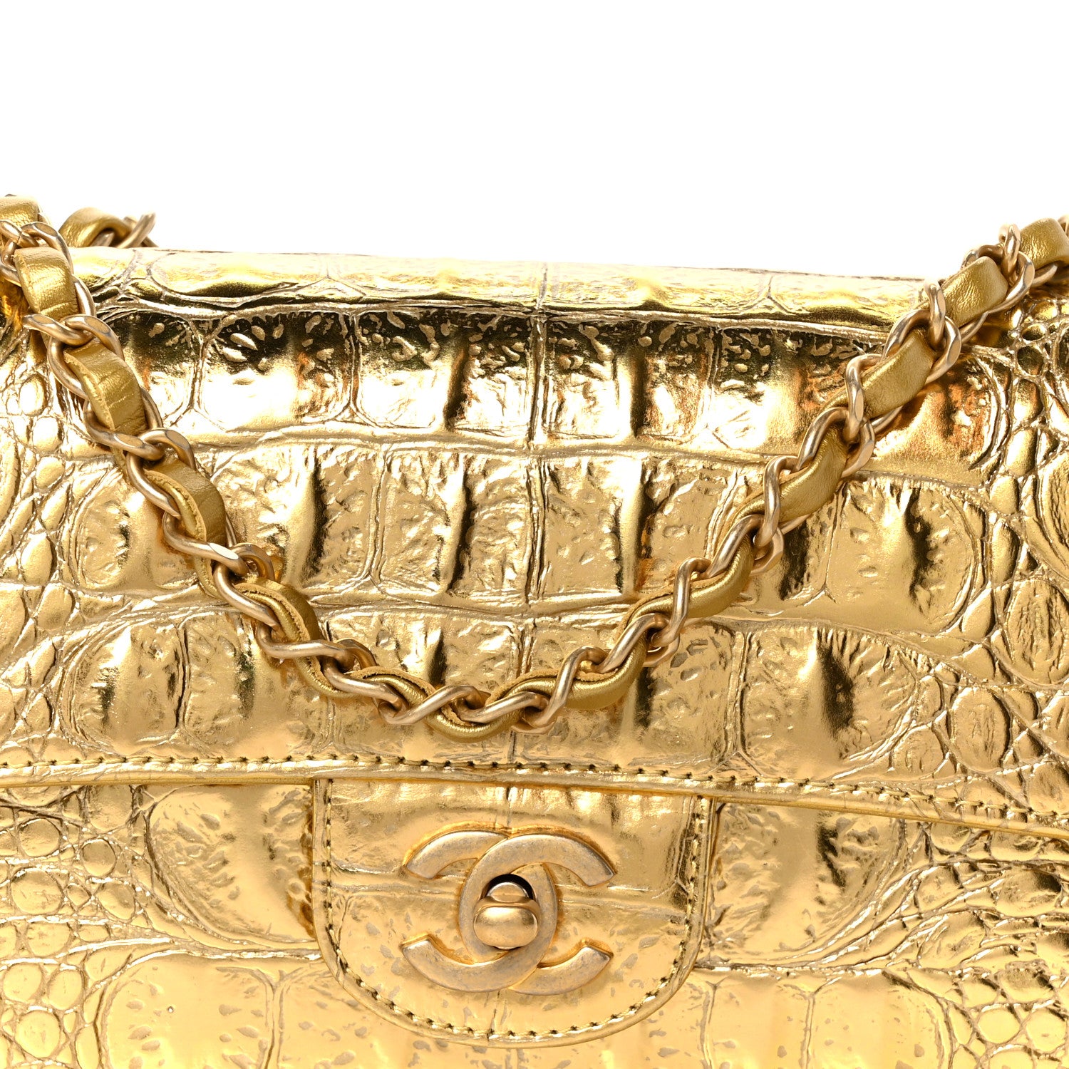Chanel Metallic Calfskin Crocodile Embossed Cocodile Rectangular Mini Flap Gold 9 of 12