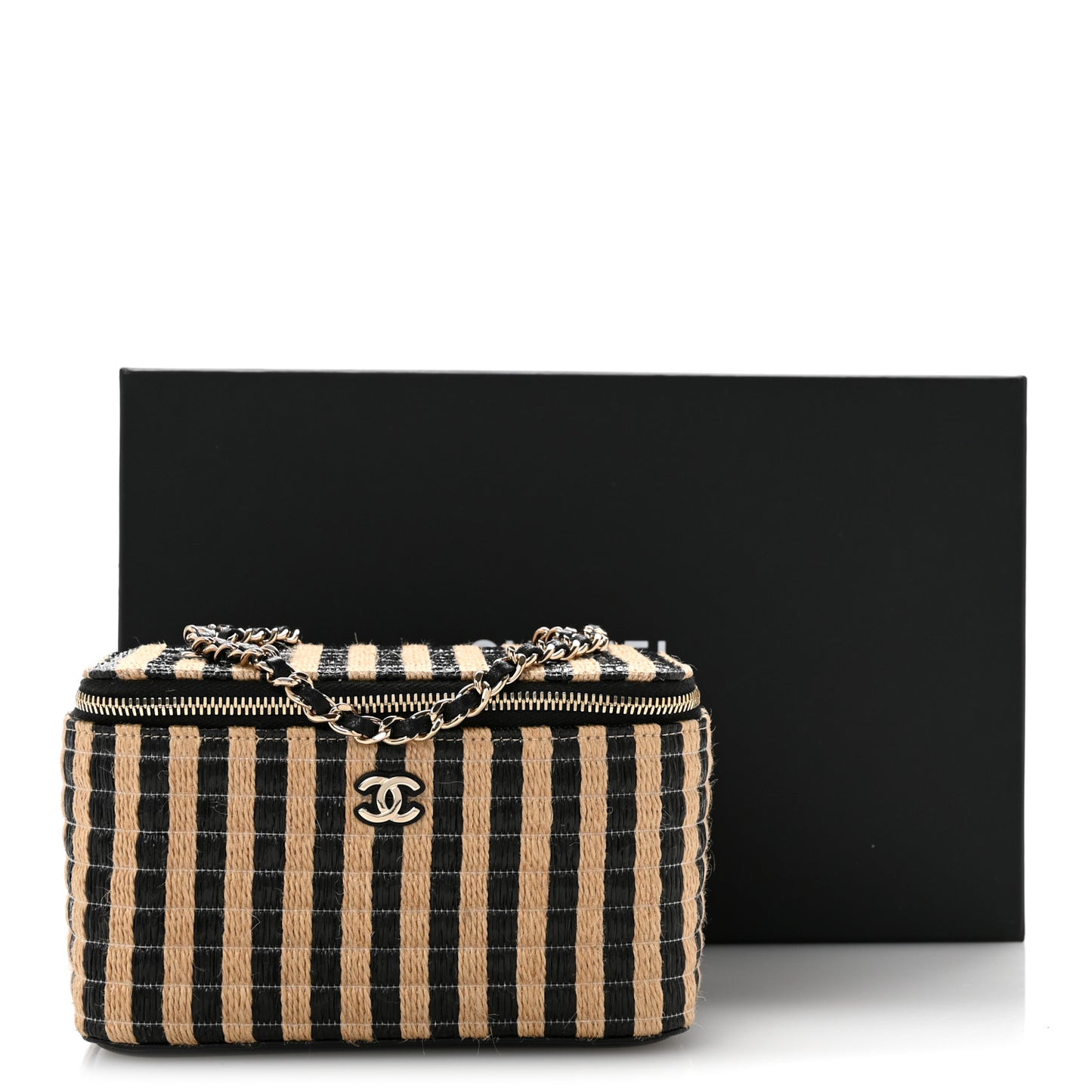 Raffia Jute Striped Small Vanity Case With Chain Black Beige