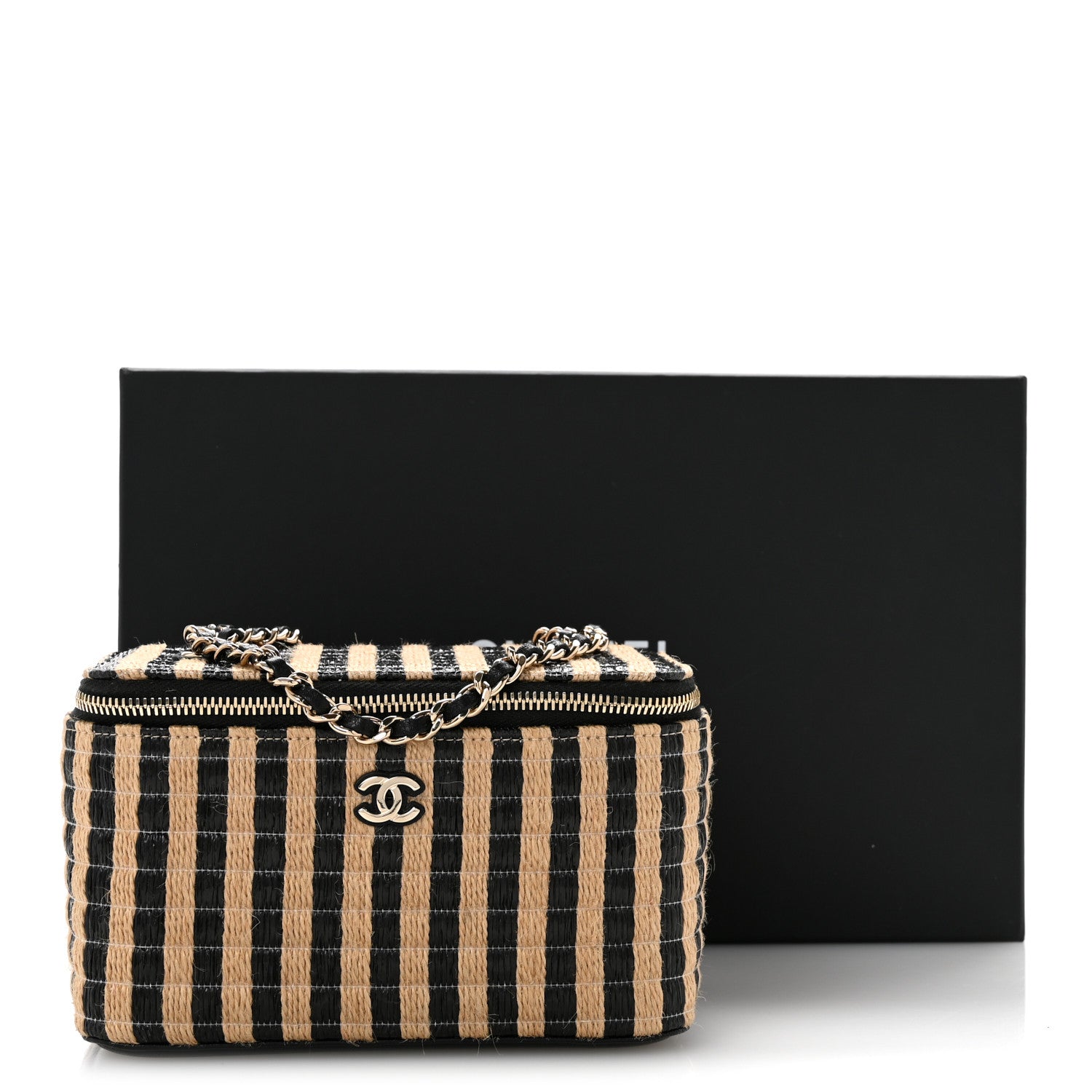 Chanel Raffia Jute Striped Small Vanity Case With Chain Black Beige 12 of 12