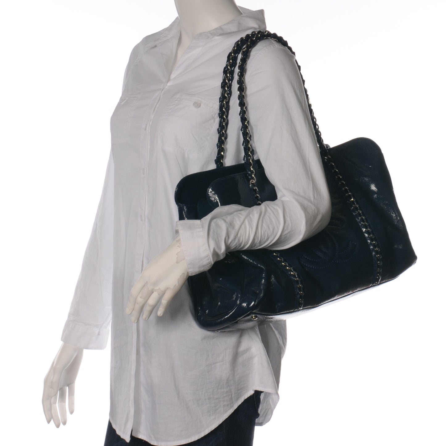 Patent Luxe Ligne Medium Tote Navy