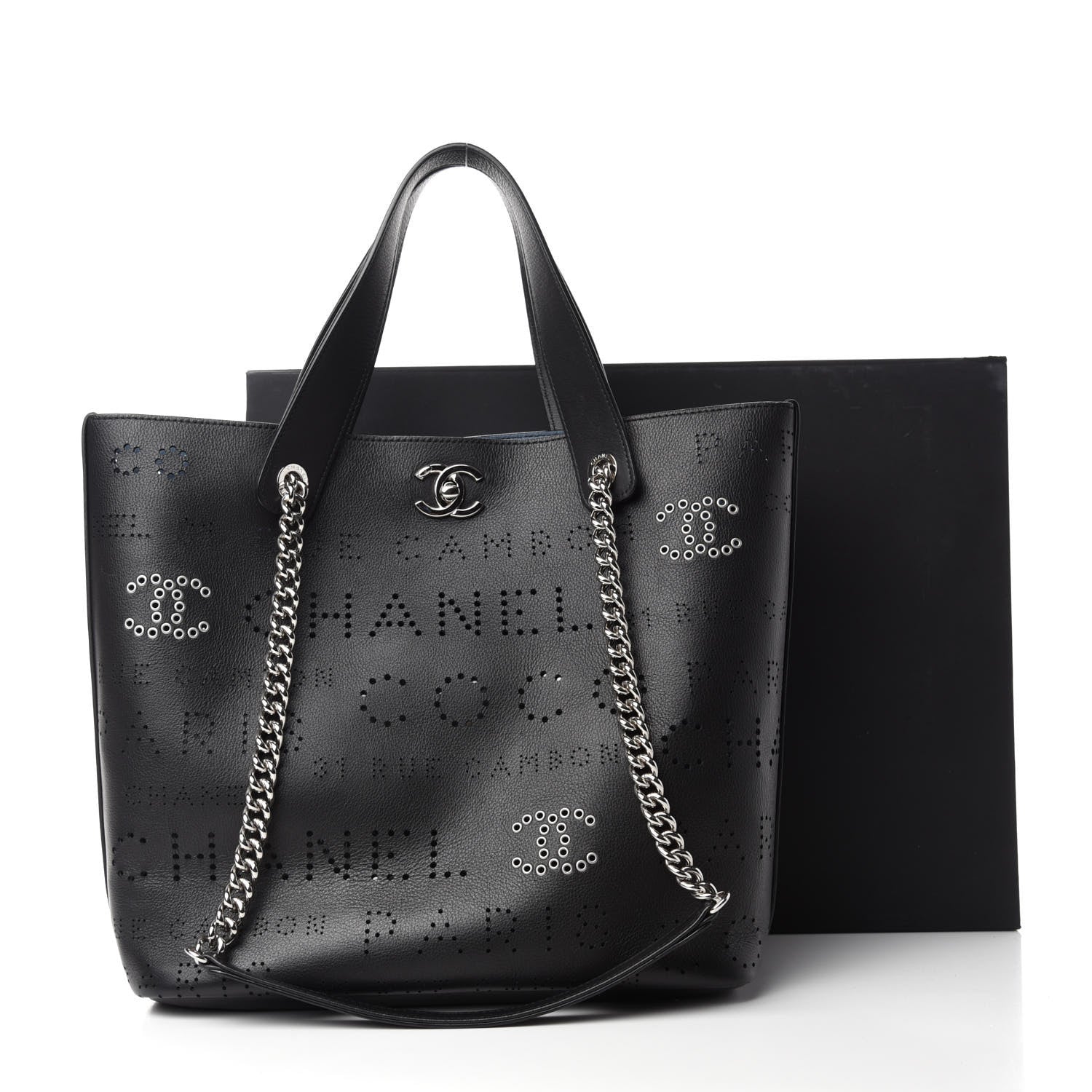 Chanel Calfskin Tweed Small Logo Eyelets Shopping Tote Black 12 of 12