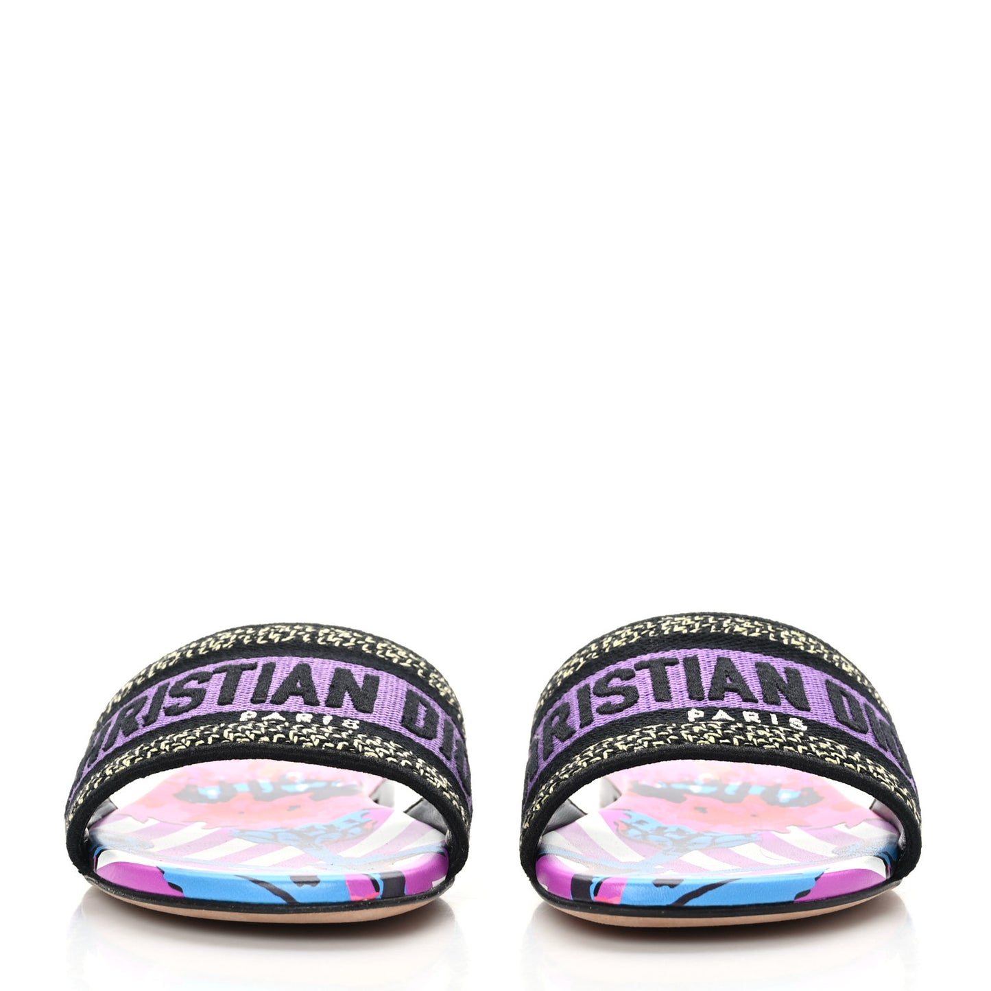 Canvas D-Flower Pop Embroidered Dway Flat Slide Sandals 35 Pink Purple Multicolor