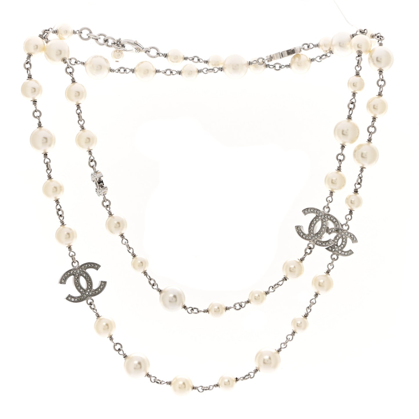 Crystal Pearl CC Long Necklace Silver