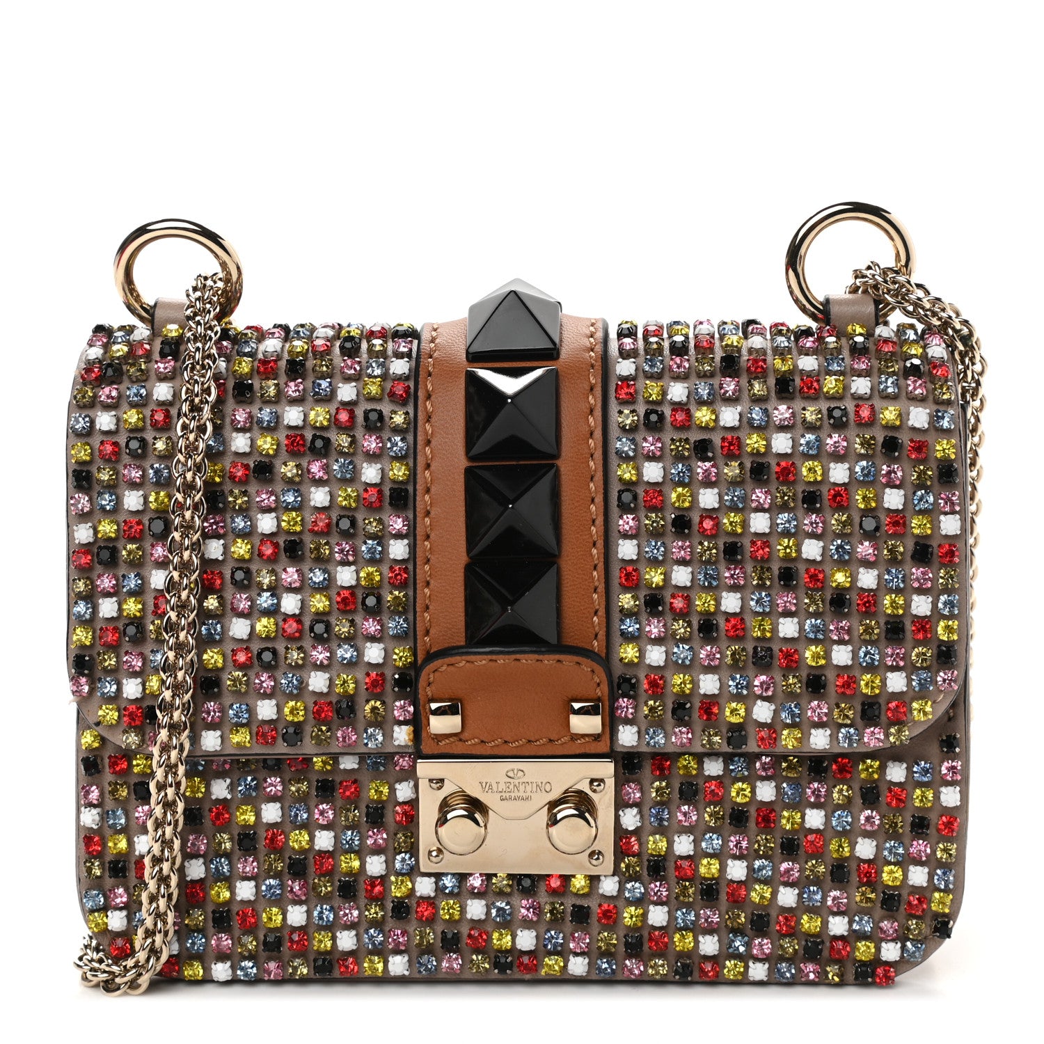 Valentino Garavani Vitello Crystal Embellished Mini Glam Lock Rockstud Flap Multicolor Brown 1 of 9