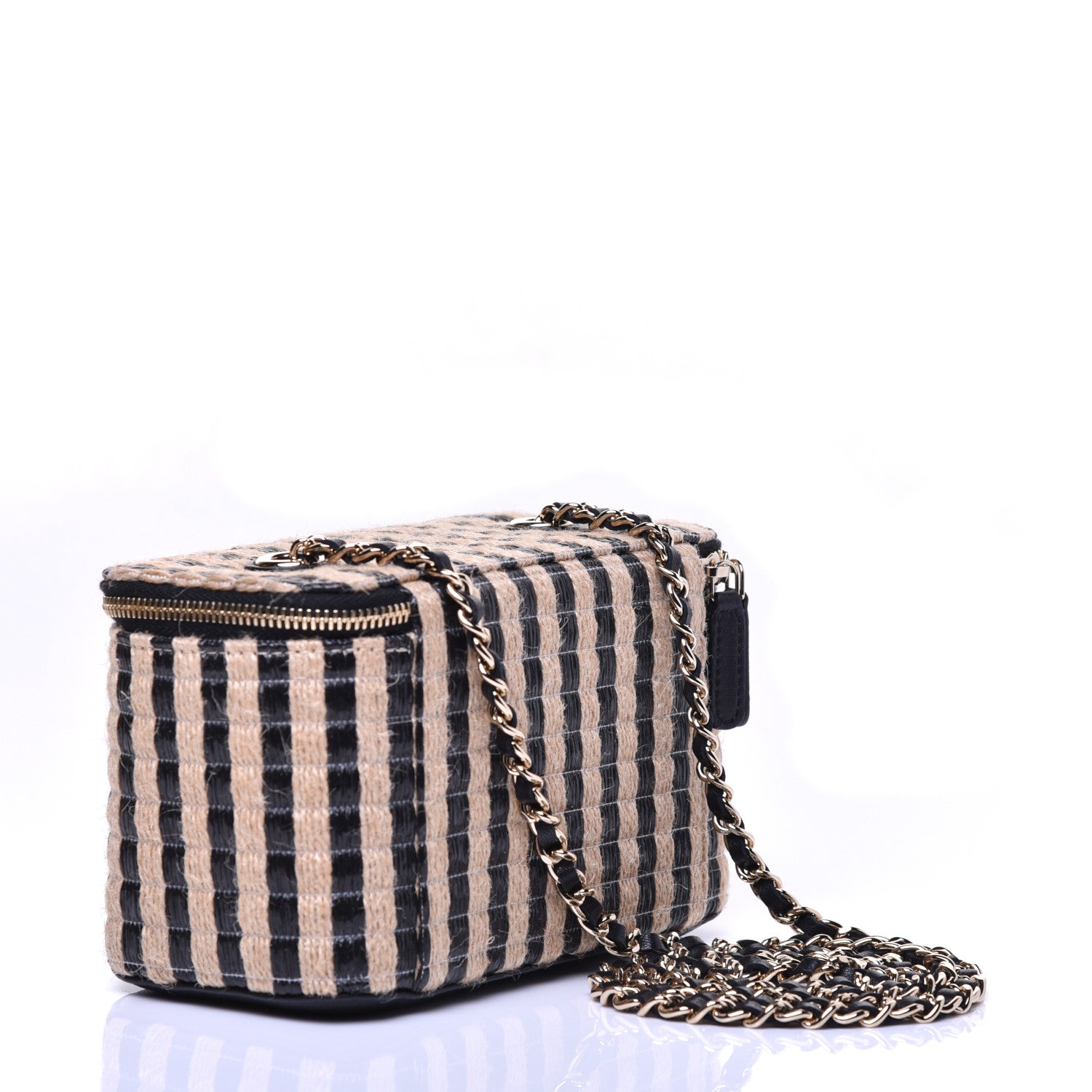 Chanel Raffia Jute Striped Small Vanity Case With Chain Black Beige 3 of 10
